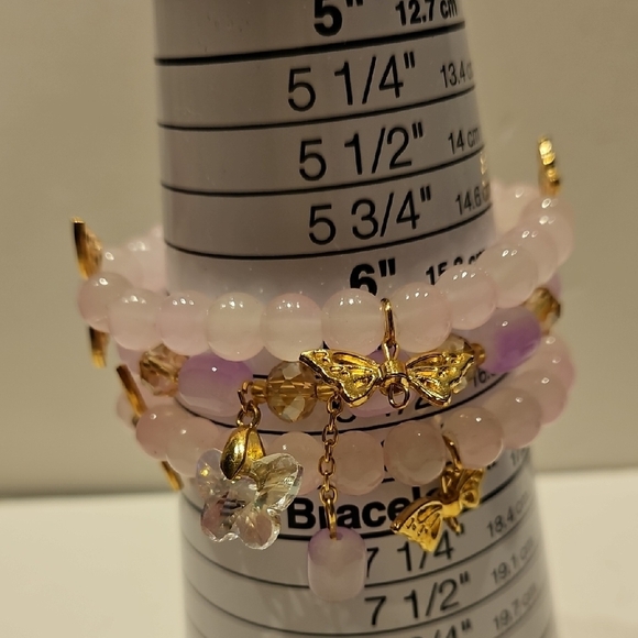 3 Pale Pink Glass, Crystal & Butterfly Accents Stretch Beaded Bracelet Set - Picture 7 of 7